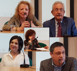 In alto Gabriella Belloni e Aldo Imerito. Sotto: Viviana Sirigu e Francesco. Al centro la professoressa Pinna