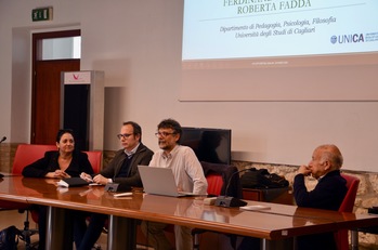 Un momento della presentazione, da sinistra a destra: Roberta Fadda, Giorgio Angius, Ferdinando Fornara e  Vincenzo Tiana