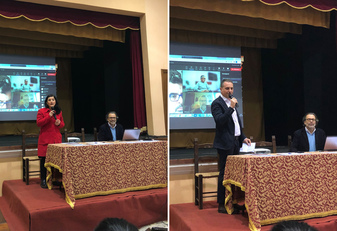 Altri due momenti dell'incontro. Seduto al tavolo il docente di geografia politica ed economica del Dipartimento di Scienze politiche e sociali di UniCa, Giovanni Sistu