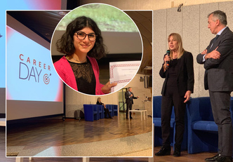 L'assessore Ada Lai e il prorettore Fabrizio Pilo alla chiusura della due giorni. In alto a sinistra la studentessa Silvia Talana, che ha ritirato il premio del gruppo vincitore della sfida Jobiri