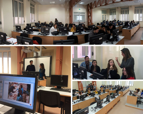 Gli studenti insieme alla prof.ssa Secci lavorano all'esposizione