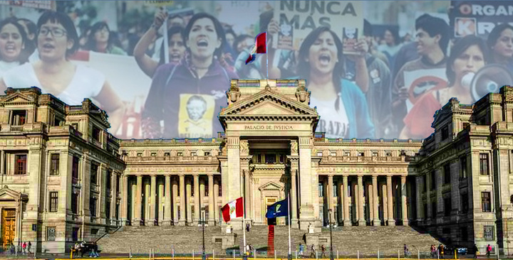 Immagine simbolo: manifestazione femminile e palazzo di giustizia di Lima