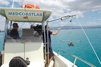 Angelo Ibba e Daniele Trogu eseguono un'operazione di campionamento delle sabbie dei fondali ripresi da Gianluigi Deidda sotto lo sguardo di Sandro Demuro e di Massimo Mignanelli