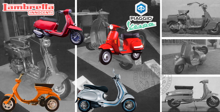Molti esemplari storici di Vespa (Piaggio) e Lambretta (Innocenti) esposti nel piazzale antistante l’aula magna di via Marengo