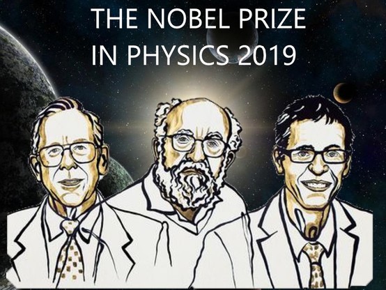 Il viso dei tre scienziati Nobel per la Fisica 2019 stilizzati sulla locandina del seminario organizzato al Dipartimento di Fisica
