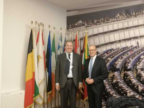Roma. Michele Marchesi, a sinistra, e Gianni Fenu nella Sala delle bandiere del Parlamento europeo