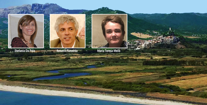 Nei riquadri, sullo sfondo del delta del Rio Posada (Parco di Tepilora): Antonio Funedda, Stefania Da Pelo e Maria Teresa Melis, del Dipartimento di Scienze Chimiche e Geologiche dell&rsquo;Universit&agrave; di Cagliari