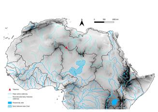 Ricostruzione dell’antico reticolo di fiumi che solcava il Sahara con l'indicazione della posizione di Takarkori  (credit: Missione Archeologica nel Sahara, Università di Roma La Sapienza)