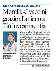 Ampio risalto sul quotidiano La Nuova Sardegna di oggi,  con richiamo in prima pagina, della professoressa Morelli su ricerca, donne e International day
