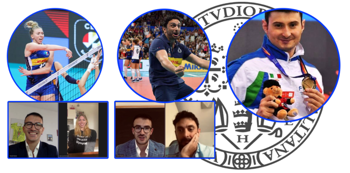 In alto, da sinistra: Sarah Luisa Fahr, Davide Mazzanti e Francesco Bocciardo. In basso due screenshot relativi ai primi incontri organizzati dal professor Pazzona