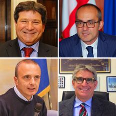 In alto, da sinistra: il rettore Mola e il sindaco Truzzu. Sotto: i professori Gianfranco Fancello e Italo Meloni