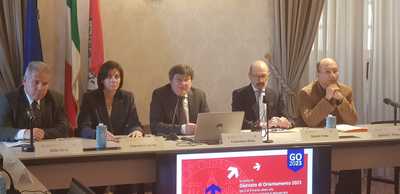 Conferenza stampa di presentazione GO 2023. Da sinistra a destra: Aldo Urru, Valentina Onnis, Francesco Mola, Gianni Fenu, Ignazio Putzu