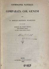 Frontespizio dell'opera "Cosmogonia naturale comparata col Genesi" di Giovan Battista Pianciani (1862).