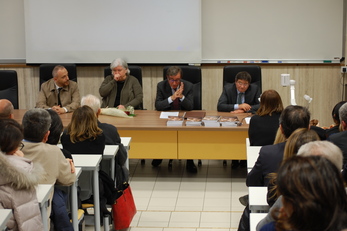 Da sinistra Paolo Mattana, il Rettore Del Zompo, Giovanni Melis, Francesco Mola