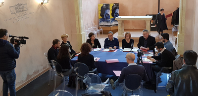 conferenza stampa nell'ex chiesa aragonese di Monte Urpinu a Cagliari, in via Pietro Leo